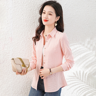 纯棉格子衬衫女款长袖春秋款2024新款宽松秋季小衫时尚韩版衬衣女