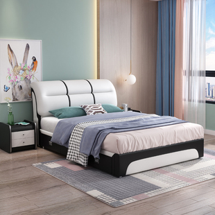 1.2米单人皮床1.35米储物床儿童真皮床简约榻榻米小卧室单人皮床