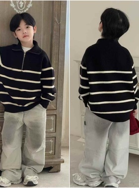 大E小e童装2025秋冬新款儿童韩版条纹针织衫男女童保暖毛衣潮9905
