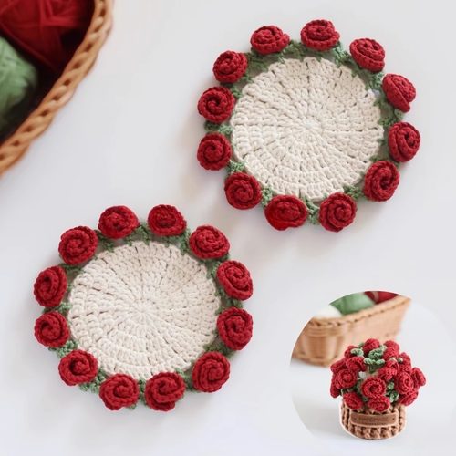 玫瑰花束杯垫手工diy编织