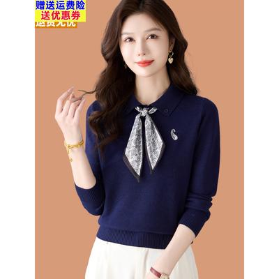 polo翻领毛衣女春秋薄款洋气妈妈宽松蝴蝶结上衣羊毛针织打底小衫