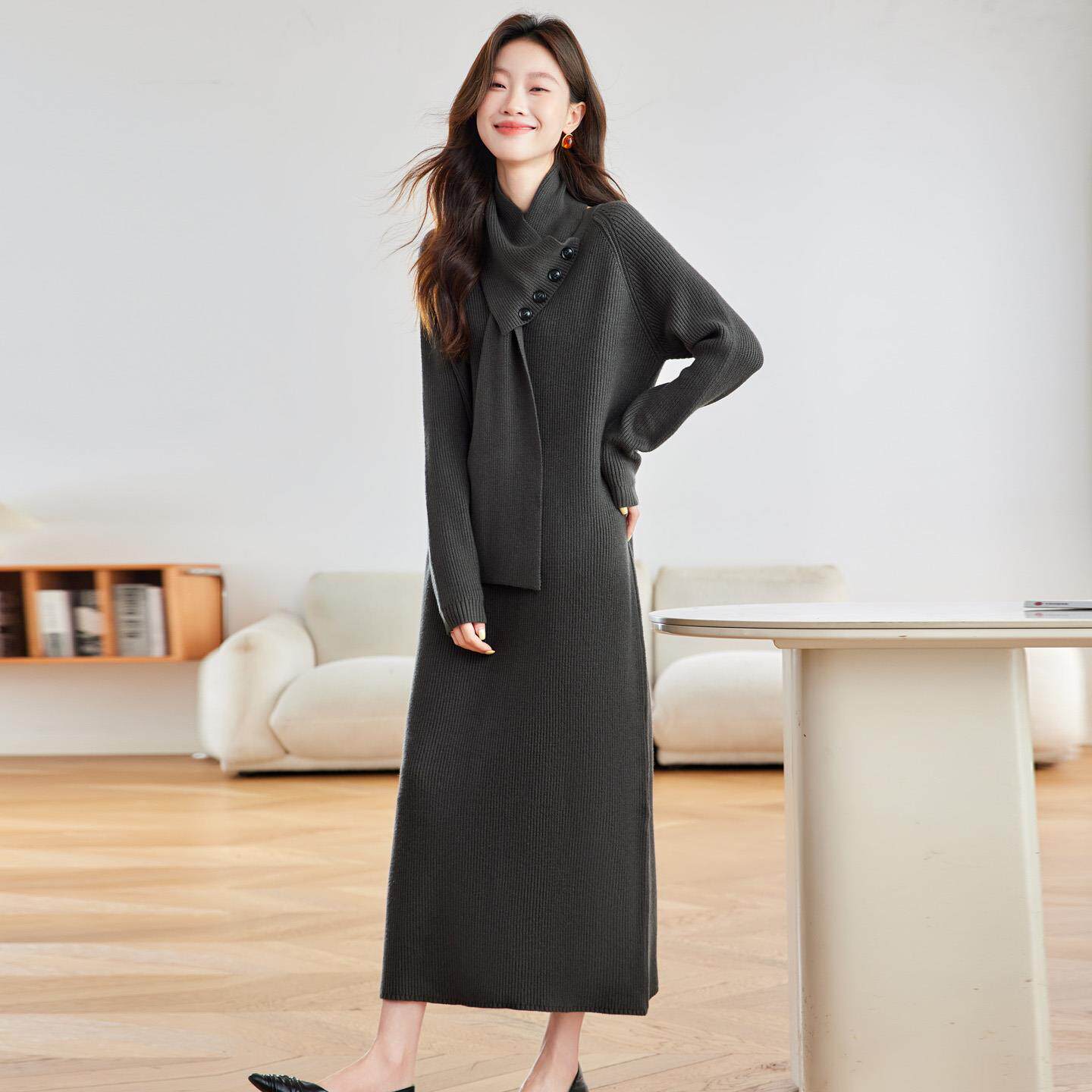 100纯羊毛衫围巾领毛衣女秋冬超长款过膝毛衣裙宽松大码打底衫女