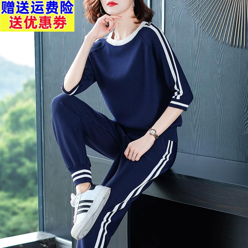 运动套装女春秋新款大尺码中袖休闲时尚洋派冰丝针织减龄显瘦两件