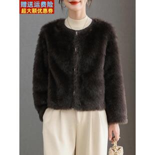 水貂绒皮草长毛毛外套女开衫短款圆领卡腰显瘦显高宽松羊毛衫秋冬
