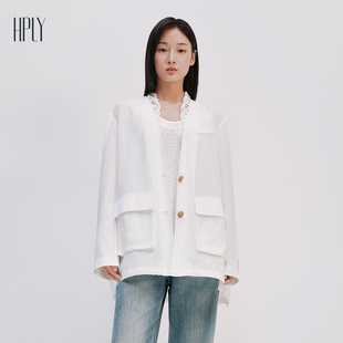 商场同款 HPLY荷比俪2025夏新女含莱赛尔蕾丝领口简约宽松西装