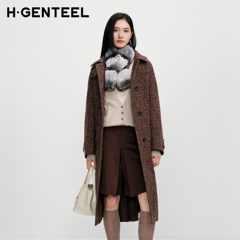 H·GENTEEL荷高2025冬新款绵羊毛翻领人字纹收腰长款大衣毛呢外套