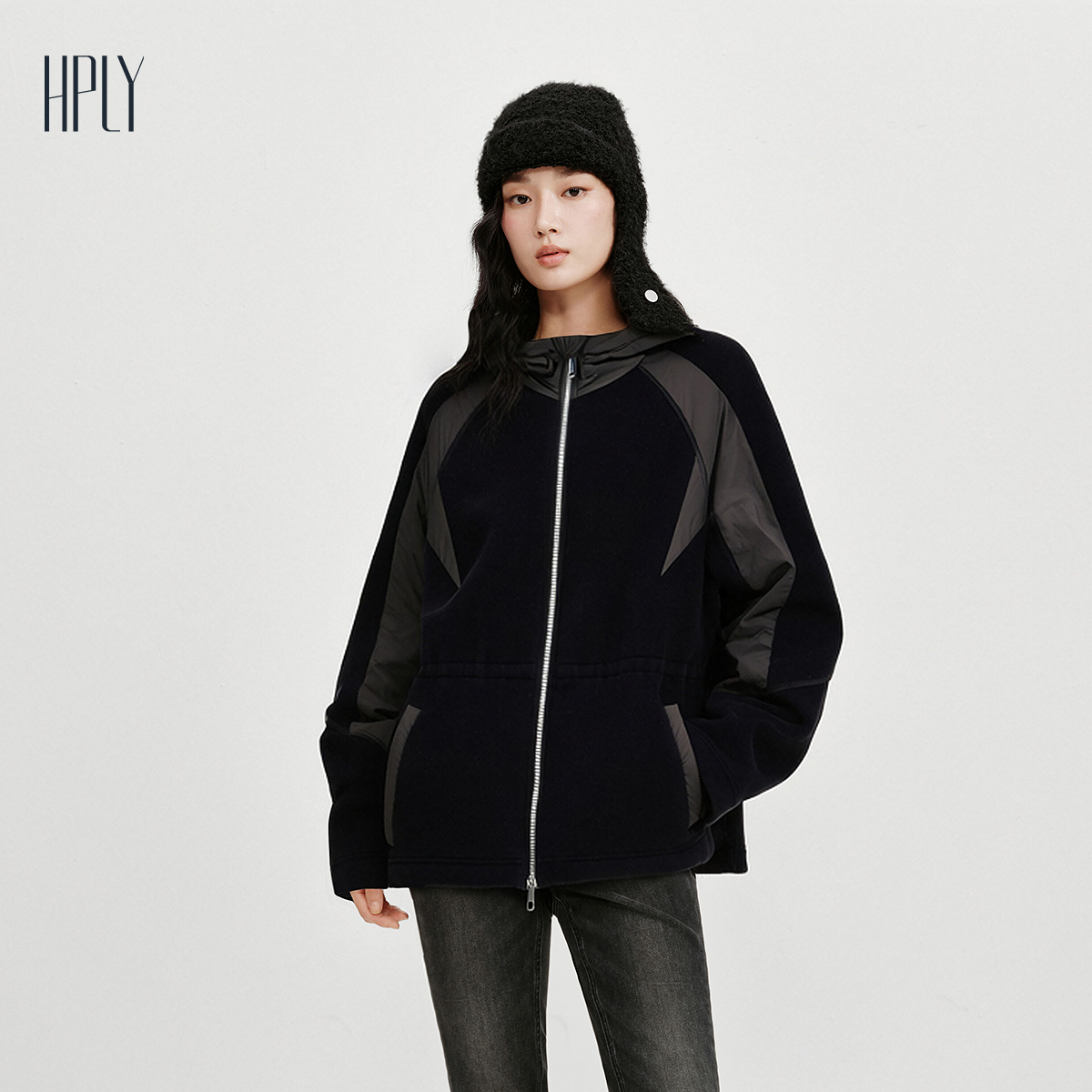 【商场同款】HPLY荷比俪2025冬新款连帽抽绳拼接设计宽松廓形外套