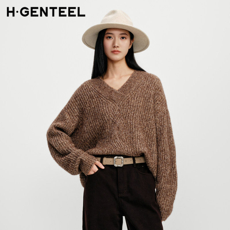 H&middot;GENTEEL荷高2026冬新款山羊绒绵羊毛松弛风麻花纹V领针织毛衫