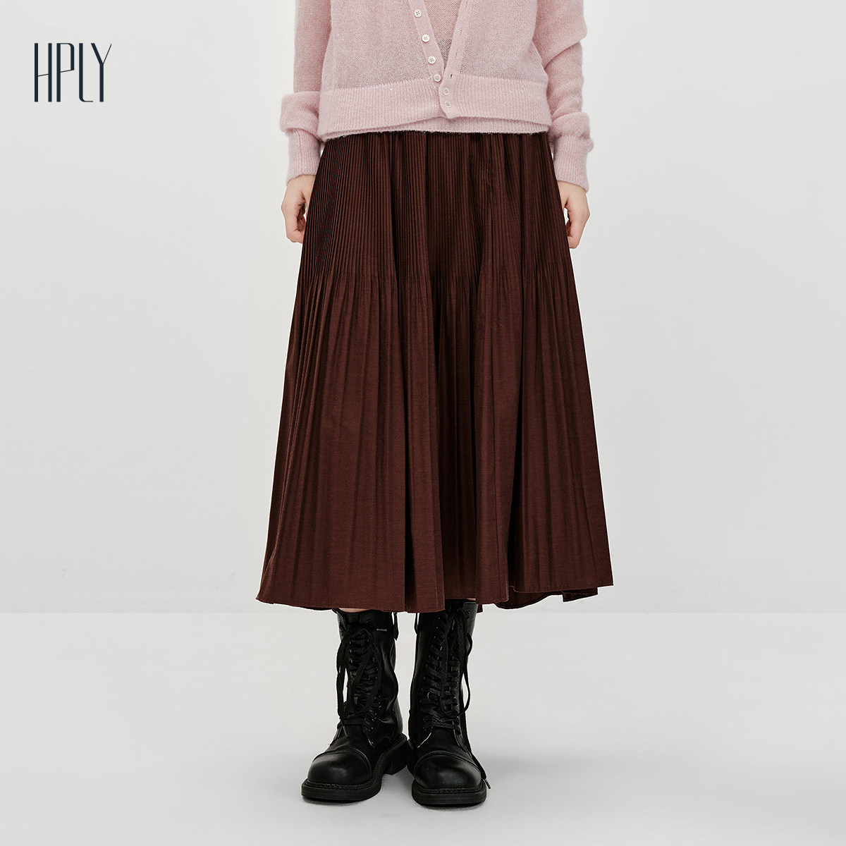 【商场同款】HPLY荷比俪2026春季新款咖色百褶松紧腰中长款半身裙,女装/女士精品,半身裙,淘宝优惠券,粉丝福利购,淘宝优惠卷