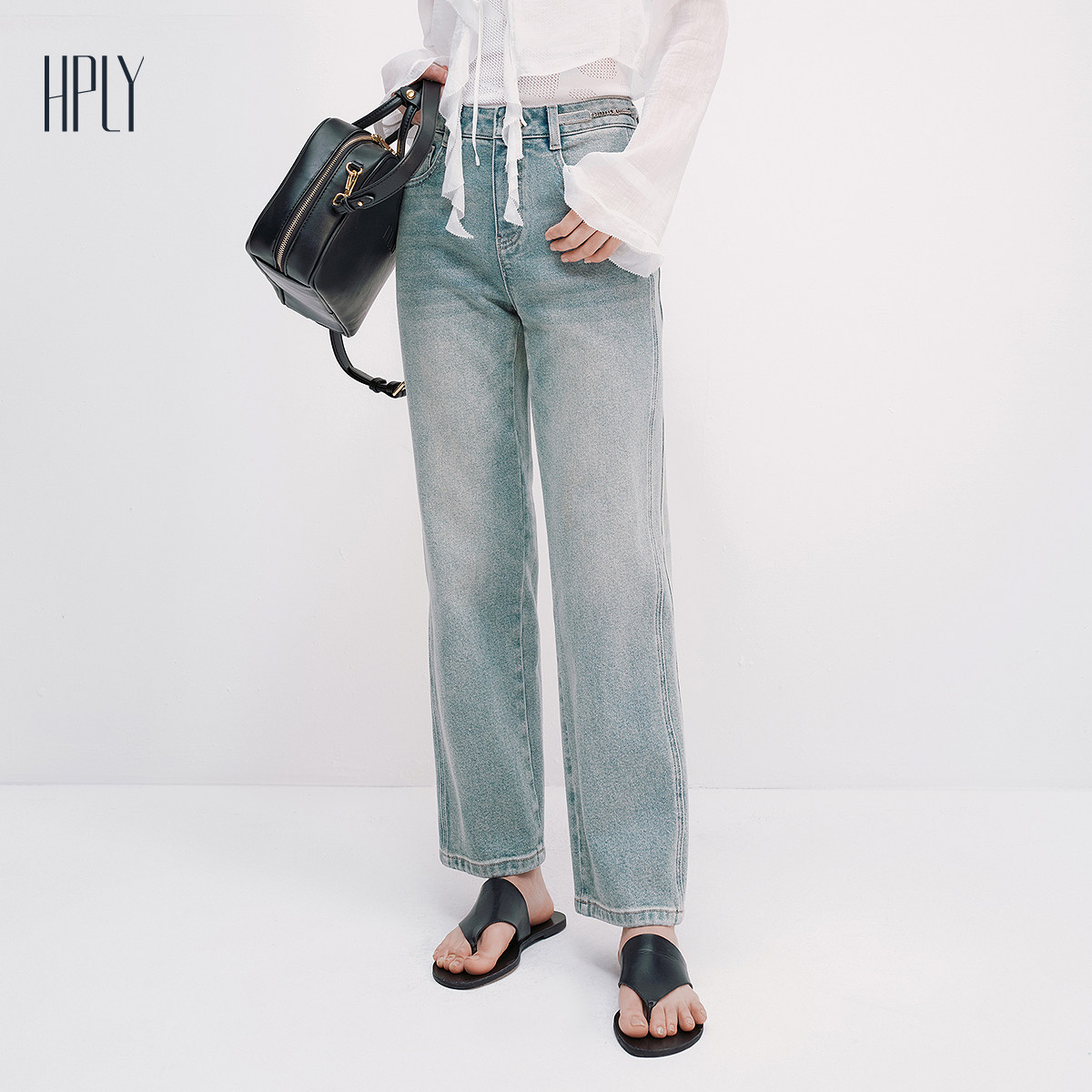 【商场同款】HPLY荷比俪夏新款女做旧复古九分直筒休闲牛仔裤图片