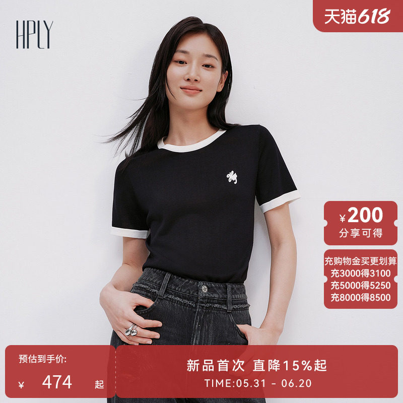 【商场同款】HPLY荷比俪夏新款女圆领撞色通勤含桑蚕丝针织衫