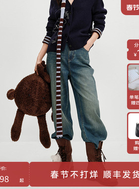 【商场同款】HPLY荷比俪2025冬新款100棉中高腰水洗直筒牛仔裤