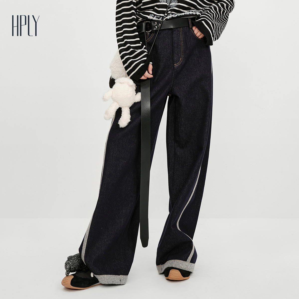 休闲阔腿 水洗牛仔 高腰剪裁