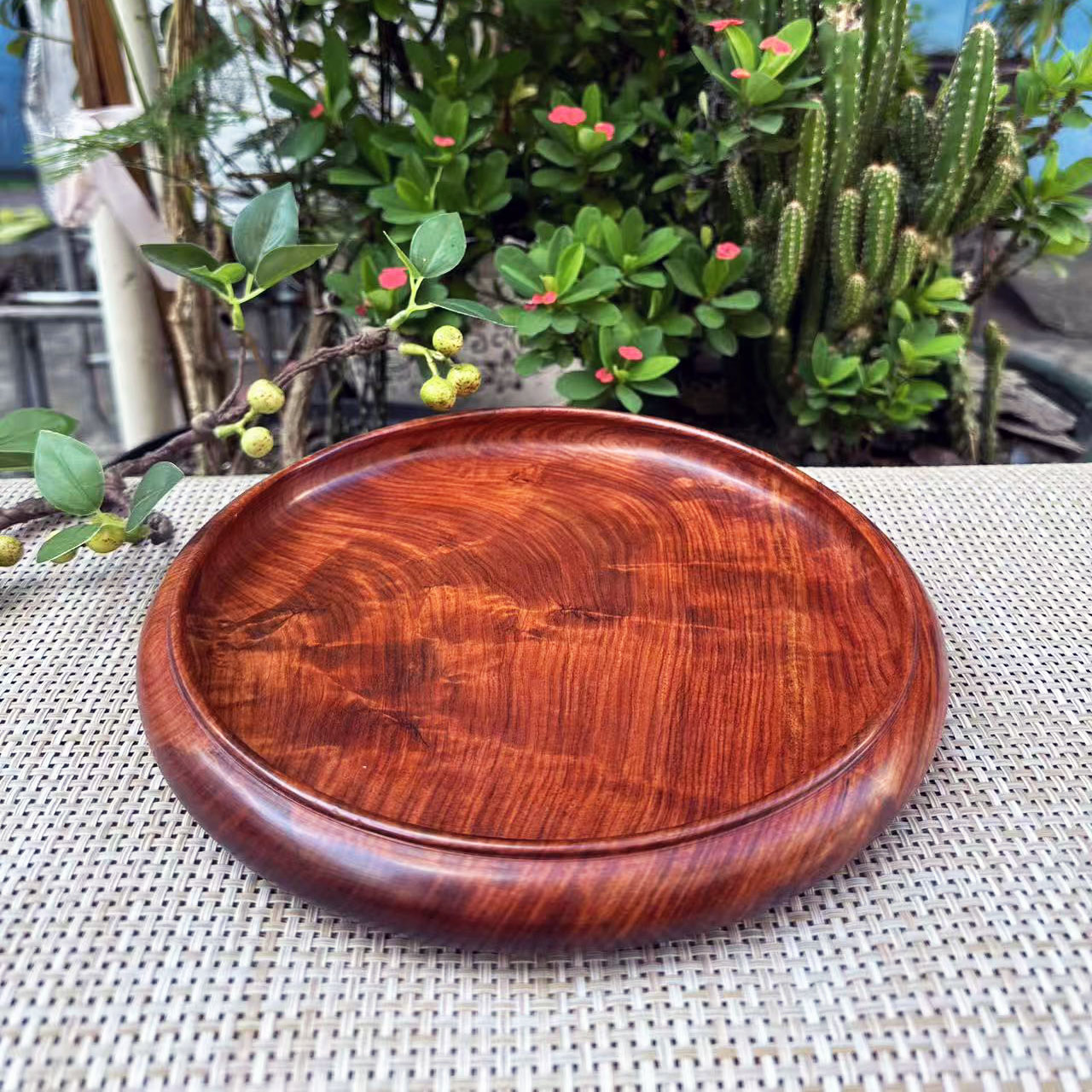 缅甸花梨整木水波纹果盘24×3木雕