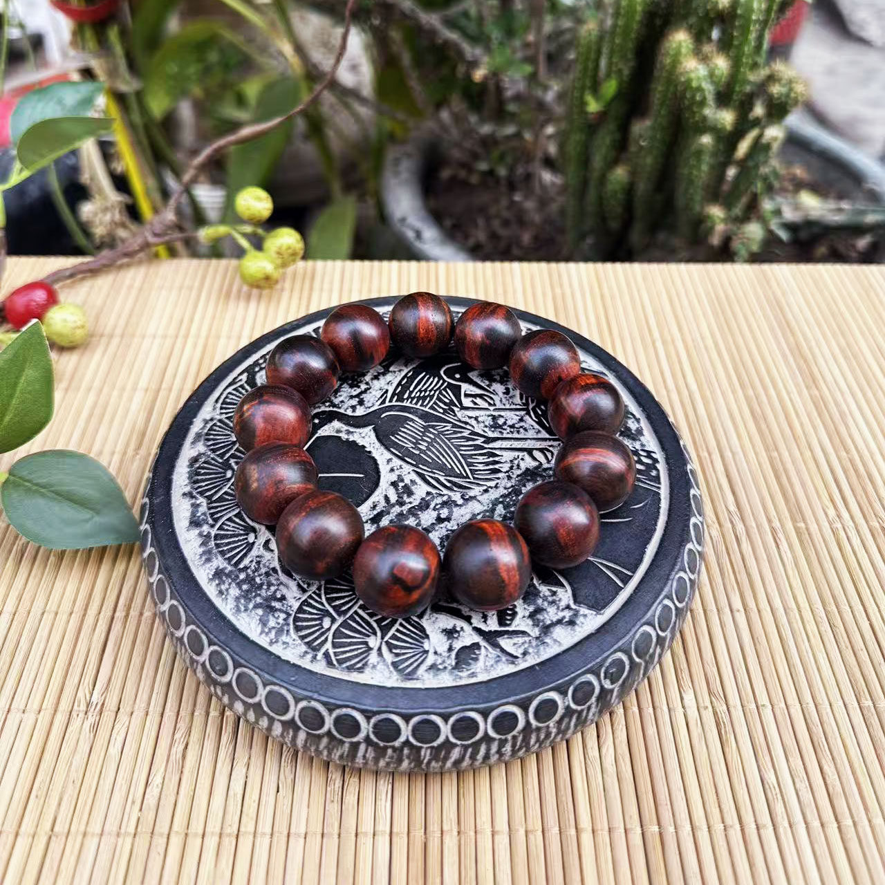 大红酸枝同料黑飘红佛珠手串1.8&times;13颗交趾黄檀红木手链工艺实拍