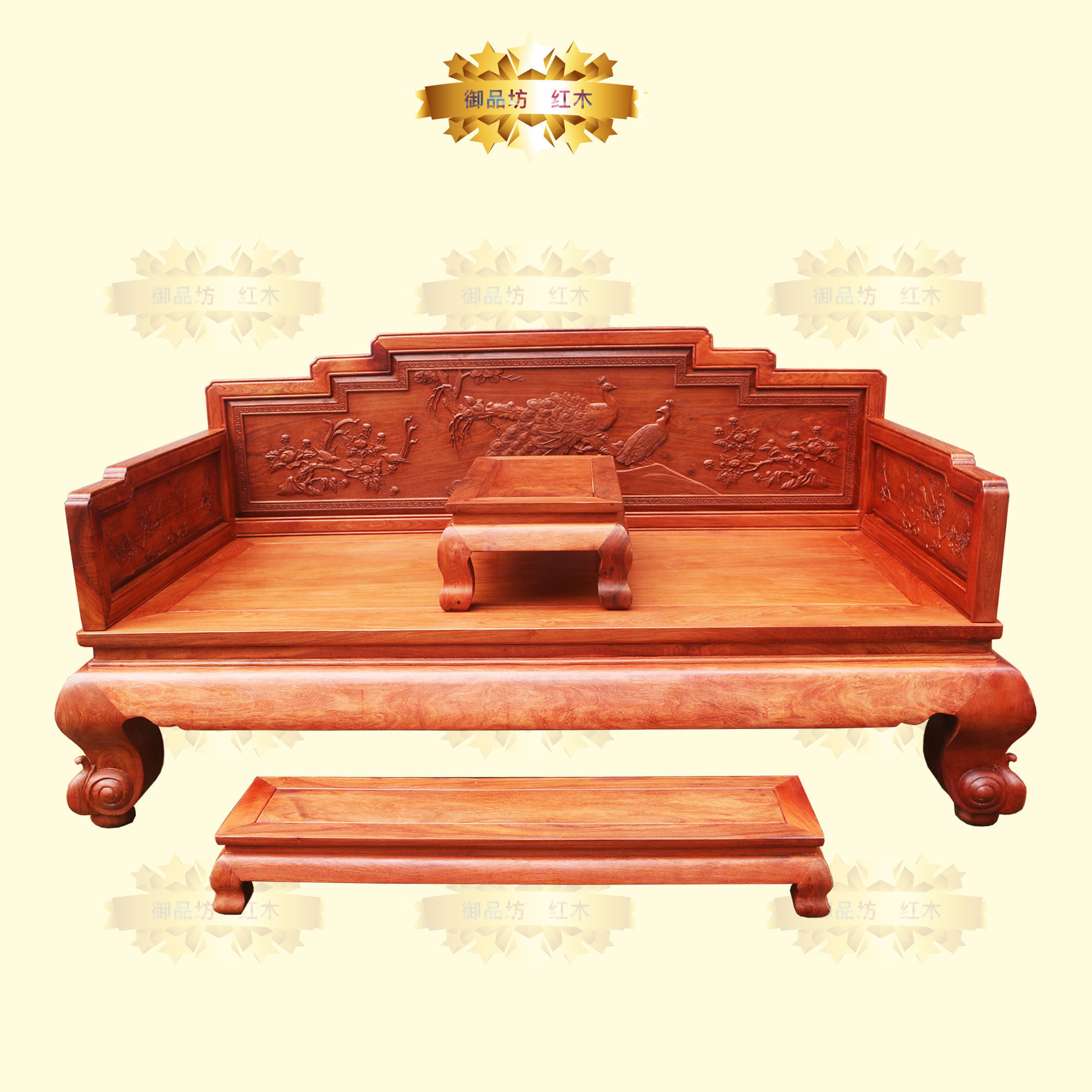 缅甸花梨精雕罗汉床三件套 大果紫檀全独板加厚6公分中式红木家具