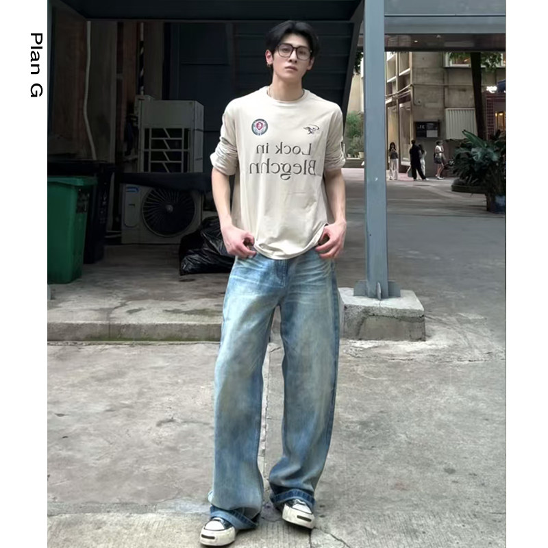Plan G男装黑泽陣同款字母印花休闲长袖t恤男式宽松圆领体恤上衣