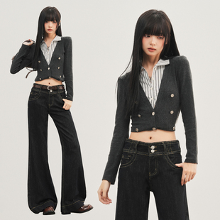 长裤 低腰丹宁色修身 复古直筒裤 美式 加长 不贴腿微喇牛仔裤