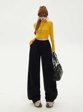 YC&2色美式复古宽松阔腿裤松紧腰垂感百搭秋冬直筒休闲裤女