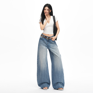 女长裤 辣妹直筒拖地裤 加长 街头阔腿牛仔裤 智系雅痞｜复古美式