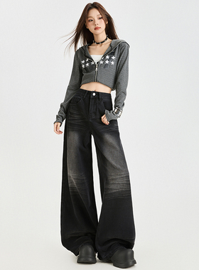 Mike黑灰色牛仔直筒裤女2025夏季新款设计感美式复古阔腿拖地裤