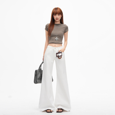 尚雅5579款白色微喇不贴腿牛仔裤女美式复古低腰窄版显瘦长裤