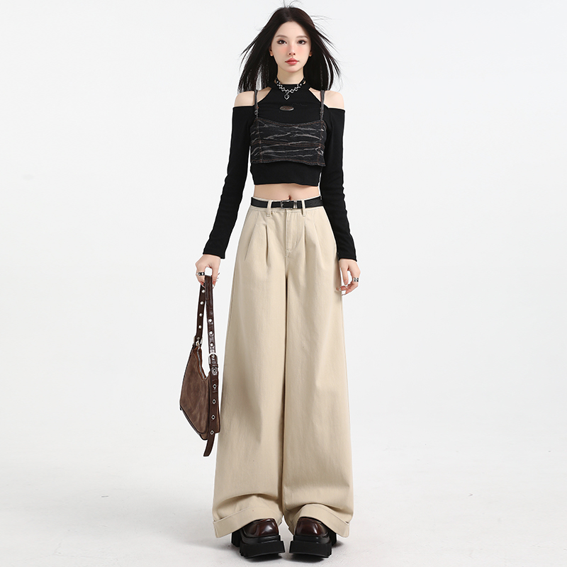 2025秋装新款休闲阔腿直筒裤女装牛仔长裤。加长送腰带白底图