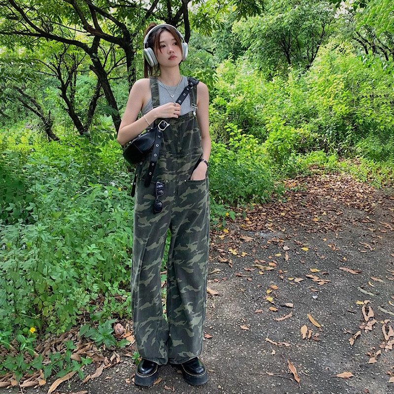【官网图】美式辣妹迷彩工装牛仔背带裤女设计感口袋直筒阔腿连体