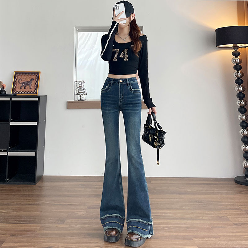 微喇叭牛仔裤女秋冬2025新款紧身显瘦爆款毛边百搭修身设计感喇叭