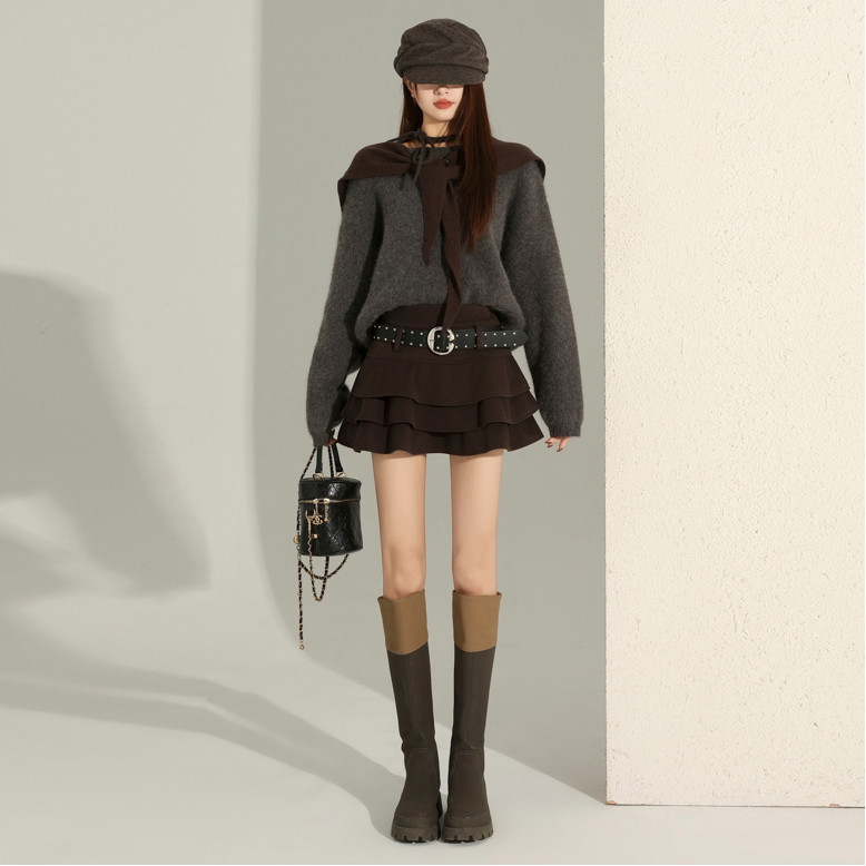 美拉德甜辣毛呢短裙设计感防走光荷叶边蛋糕短裙子  （配腰带）