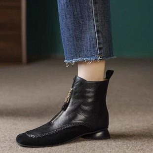 3cm/羊皮/时尚粗跟短靴女舒适方头软底软面复古高级感冬季女鞋子