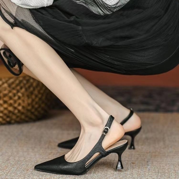 羊皮白色后空高跟鞋女夏中跟单鞋尖头高跟软皮包头凉鞋女2025新款,女鞋,时装凉鞋,淘宝优惠券,粉丝福利购,淘宝优惠卷