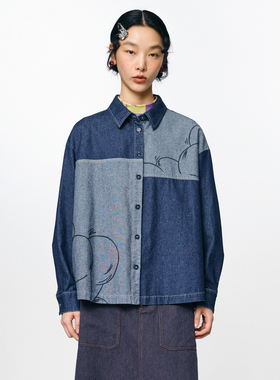 MOVEUP幻走2025秋季新款.FUN系列纯棉云朵线条绣花通勤短款衬衫女