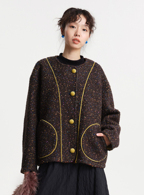 MOVEUP幻走2025冬季新款.FUN系列口袋撞布包边彩点短款毛呢外套女