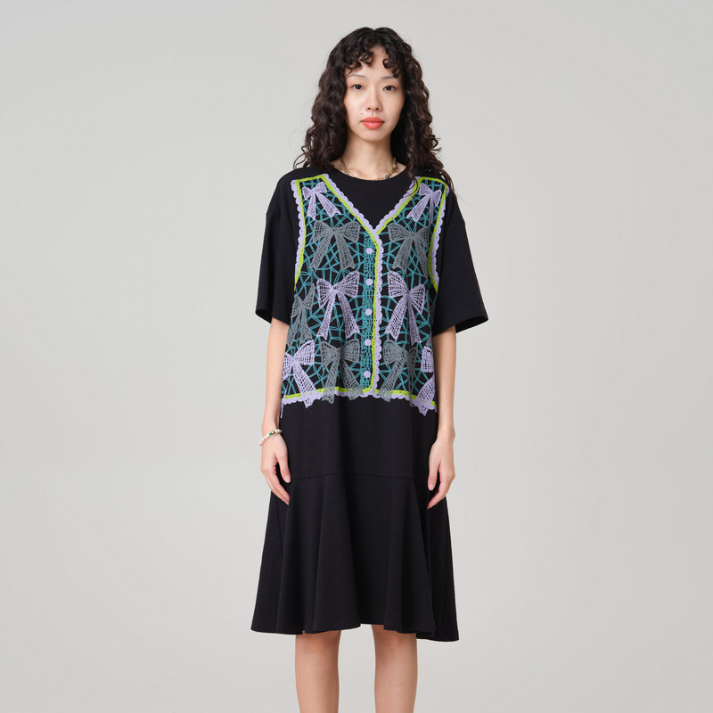 MOVEUP幻走2026夏季新款.FUN系列圆领印花假两件口袋针织连衣裙