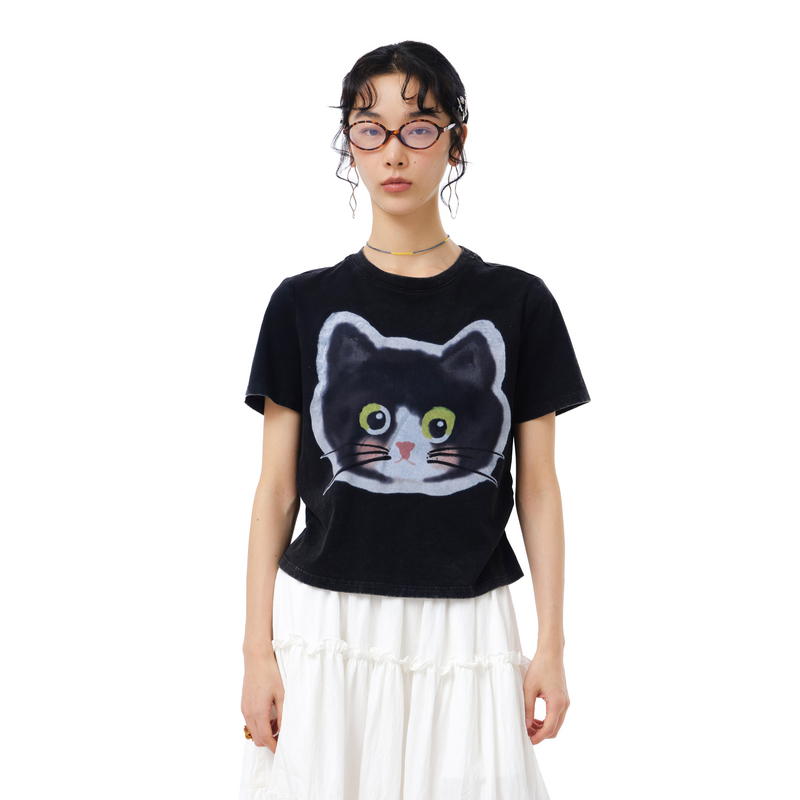 MOVEUP幻走2025夏季新款.FUN系列纯棉猫咪印花收碎褶短款T恤女
