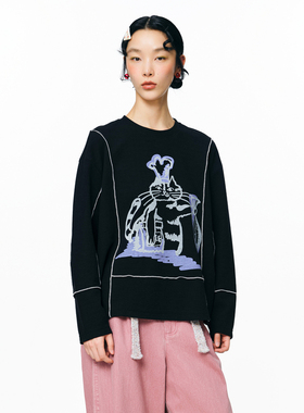 MOVEUP幻走2025秋季新款.FUN系列撞色圆领猫咪印花短款长袖t恤女