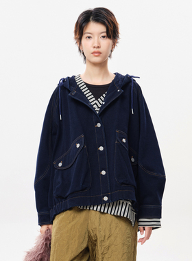 MOVEUP幻走2025冬季新款.FUN系列连帽口袋脚口收丈根牛仔外套女