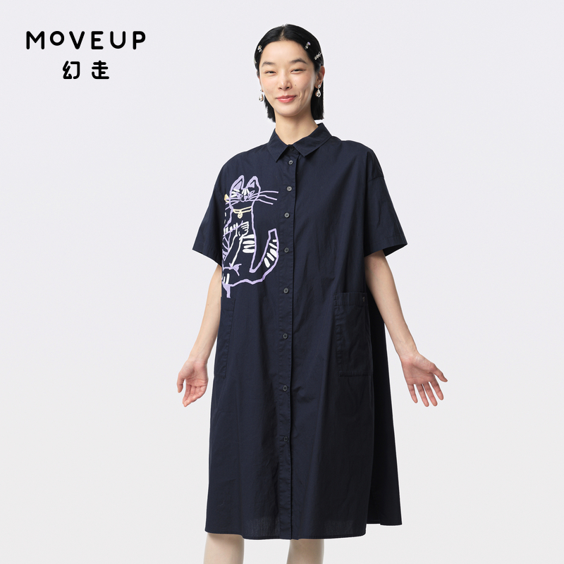 MOVEUP幻走2024夏季新款.FUN系列纯棉趣味猫咪印花设计师连衣裙