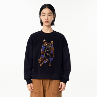 加绒卫衣女 .FUN系列猫咪绣花圆领套头短款 MOVEUP幻走2024冬季 新款