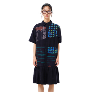 新款 MOVEUP幻走2025夏季 .FUN系列纯棉翻领趣味印花梭织连衣裙