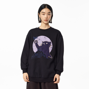 卫衣女 .FUN系列加绒圆领猫咪印绣花短款 MOVEUP幻走2024冬季 新款