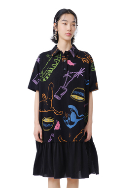 MOVEUP幻走2025夏季新款.FUN系列polo领印花缩褶黑色针织连衣裙