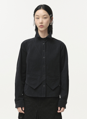 【商场同款】MOVEUP幻走2024冬季新款假两件纯棉弧形短款衬衫女