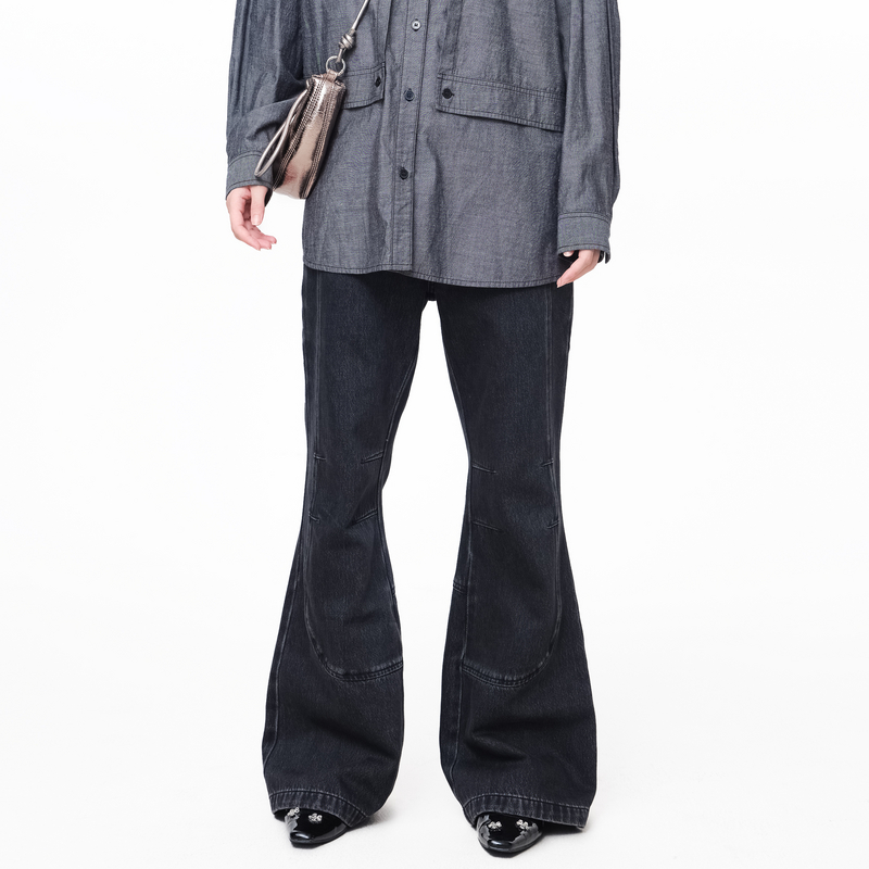 斜插袋、拉链、喇叭廓形