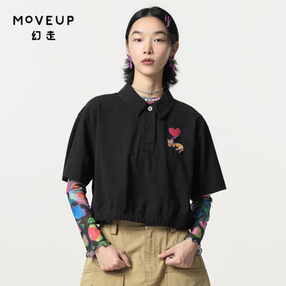 MOVEUP幻走2024春季新款.FUN系列松紧收褶绣花设计师短款T恤女