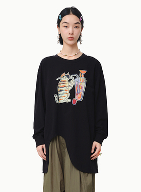 MOVEUP幻走2025春季新款.FUN系列纯棉不规则弧形设计中长款T恤女