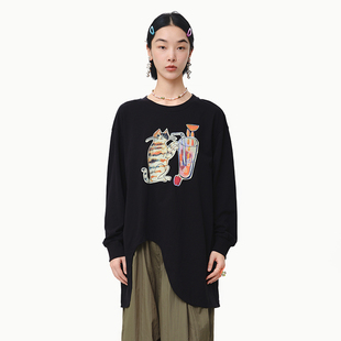 T恤女 .FUN系列纯棉不规则弧形设计中长款 MOVEUP幻走2025春季 新款