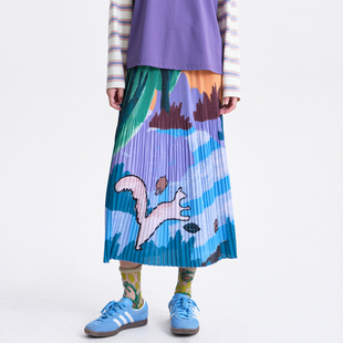 MOVEUP幻走2026春季 .FUN系列松紧腰多巴胺印花压褶垂感半身裙 新款