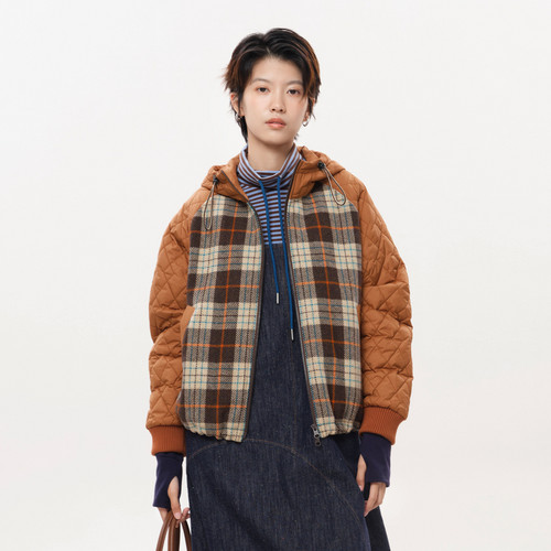 连帽、格纹拼接、口袋